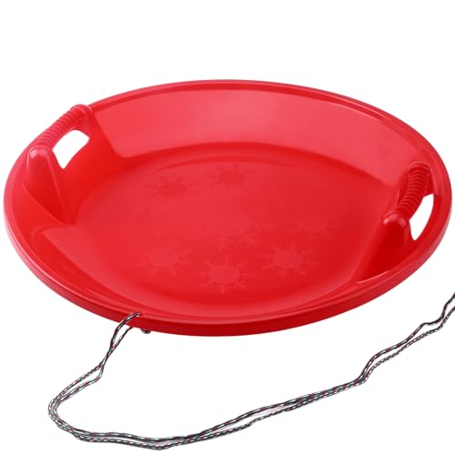 Round Snow Sled - Heavy-Duty Plastic Saucer Disc Sled with Handles & Pull Rope - 2ft Durable Cold-Resistant Outdoor Winter Downhill Sled for All Ages - Red