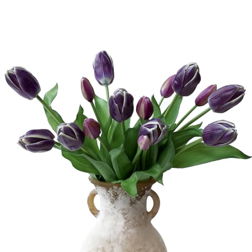mizii 15Pcs Purple Tulips Artificial Flowers Latex Plastic Real Touch Fake Tulips Flowers Look Real Faux Tulip Flower Bouquet Decoration for Vase Room Table Centerpieces Home Decor (Dark Purple)
