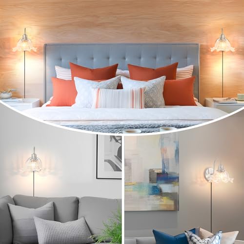 Ditoon Vintage Plug in Wall Sconces Set of 2, Flower Plug in Wall Lights with Clear Glass, Brushed Nickel Corded Wall Sconce Light, Wall Mounted Lights for Living Room, Hallway, Bedroom by Ditoon - Used condition - Image 5