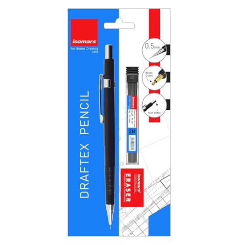 Image of Isomars Draftex Mechanical Pencil 0.5mm (2B) Black with 10 Extra Leads & Eraser | Technical Drafting Pencil for Drawing, Sketching, Engineering, Architecture, Design & Writing