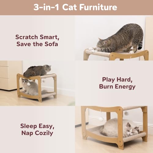 AIXINPET Two-Level Sisal Cat Scratcher Bed - Sturdy Cat Scratching Post with Scratch Pad&Hammock Bed,Elevated Cats Bed for Indoor Kittens&Adult Cats -Wooden Frame,Protect Furniture (Material Upgraded)