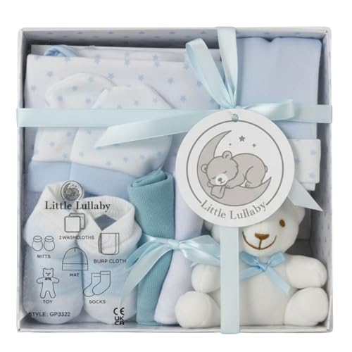 Kleine Lullaby Pasgeboren 7-delige Luxe Verpakte Baby Cadeauset (0-3 Maanden) Essentiële Pasgeboren Babyartikelen & Pasgeboren Baby Cadeau, Verkrijgbaar in Blauw & Roze (Blauw)