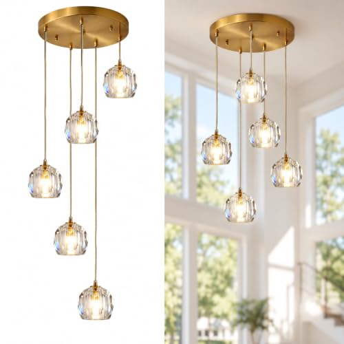 Flyrose Mid Century 5-Lights Cluster Pendant Lighting Modern Gold Crystal Kitchen Island Pendant Light Multi Light Brass LED Pendant Light Fixture Clear Bubble Round Dining Chandelier