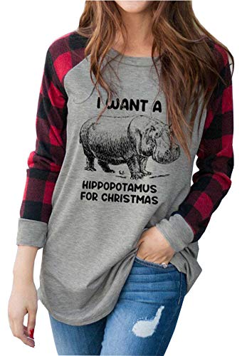 Women I Want A Hippopotamus for Christmas Raglan Sleeve T-Shirt Funny Graphic Long Sleeve Plaid Splicing Sleeve Tees (Grey, Large)