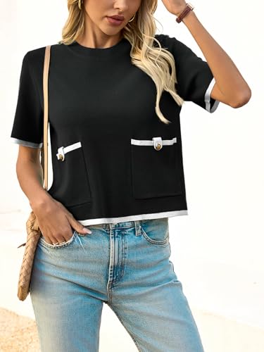 Image of Saodimallsu Women's Short Sleeve Color Block Crew Neck Sweater