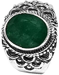 Sivalya ROYALTY Cushion Cut Raw Emerald Ring in 925 Sterling Silver - Size 7 - Solid Silver Ring with a Natural Green Emerald Gemstone- Makes a Great Gift for Women