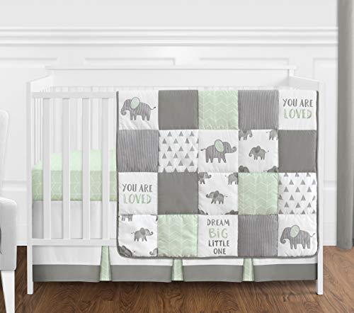 Sweet Jojo Designs Mint, Grey and White Watercolor Elephant Safari Baby Unisex Crib Bedding Set - 4 Pieces