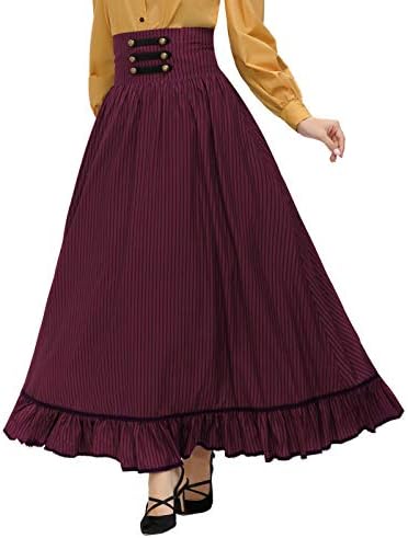 Women Victorian Skirt Vintage Striped Skirt Button Front Skirt Wine M
