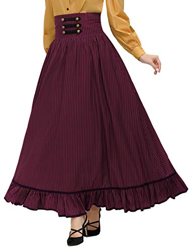 Women Victorian Skirt Vintage Striped Skirt Button Front Skirt Wine M #TOP10