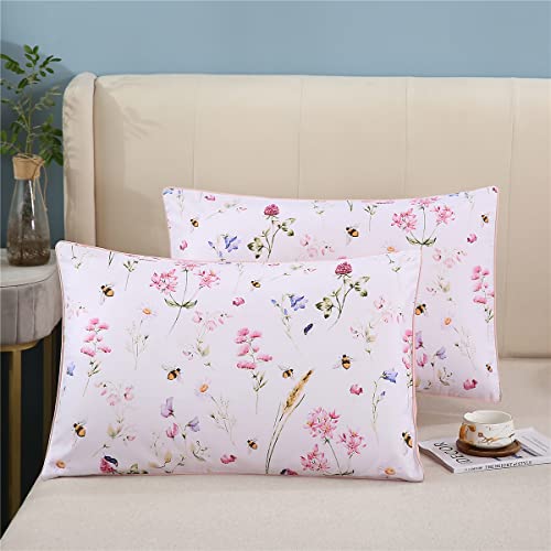 WINLIFE 100% Cotton Pillowcases Standard Size Set of 2, Pink Floral & Bee by WINLIFE - Used condition - US$13.90