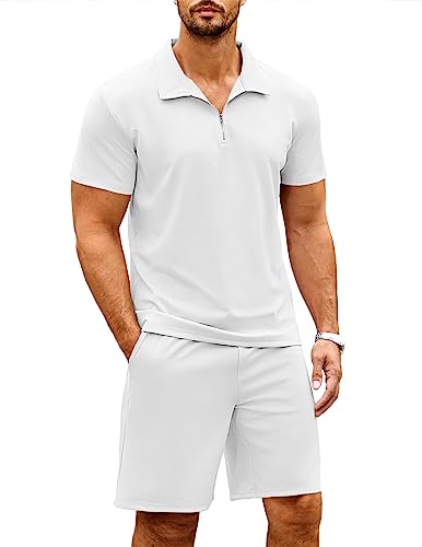 Coofandy Mens Coordinated Outfit Short Sets Casual Two Piece Summer Zip Polo Tracksuit Set, White, Medium #TOP13