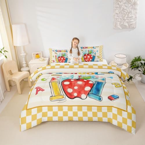 Castle Fairy Kids Classroom Yellow Bedding Set,Back to School Theme All Season Cozy Comforter Set Full with 2 Pillowcases,Stripes Pencils Glue Duvet Set Bedroom Decor,Personalized Birthday Gifts