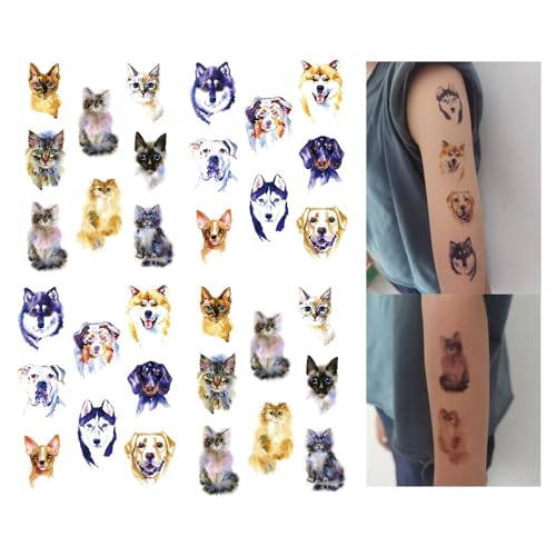 SanerLian Cat Dogs Cartoon Temporary Tattoo Sticker Waterproof Watercolor Hand Arm Shoulder Party Favor 15X11cm Set of 4