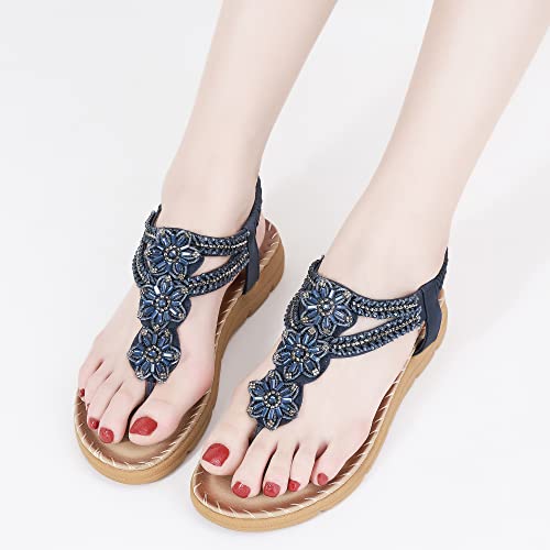 Almusen Sandals For Women Comfortable Flats Shoes With Elastic Ankle Strap Gladiator Bohemian Beaded Dress Shoe Outdoor Non Slip Beach Clip Toe Summer Sandal #TOP5