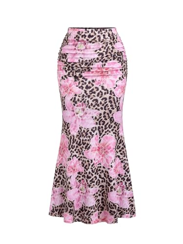 SOLY HUX Women's Leopard Floral Maxi Skirt Cheetah Print Ruched Fishtail Bodycon Long Skirts