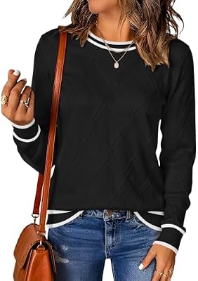 LOMON Women's Sweaters Cable Knit Sweater Long Sleeve Tops, Black Stripe XL