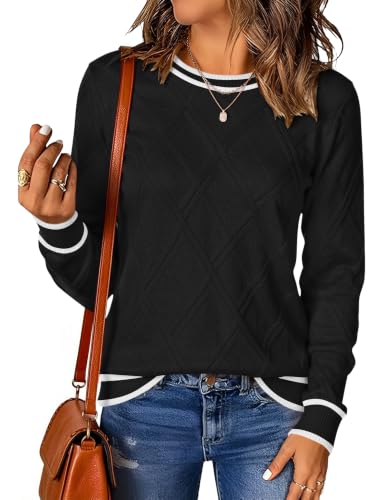 LOMON Women's Sweaters Cable Knit Sweater Long Sleeve Tops, Black Stripe XL