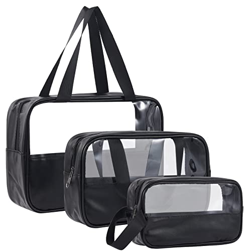 3 Pack/Size Waterproof Travel Toiletry Bag, Clear Cosmetic Makeup Bags PVC and Black PU Splicing, TSA Approved Carry on Pouch, Portable Travel Organizer for Vacation, Bathroom, Airplane