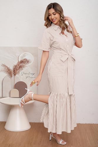 Image of utcoco Women's 2026 Summer Casual Striped Button Down Maxi Dress Tie Waist Short Sleeve Shirt Dress with Pockets