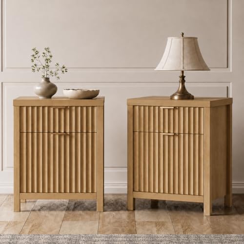 Image of Walsham Fluted Nightstands Set of 2 with Charging Station, Golden Oak