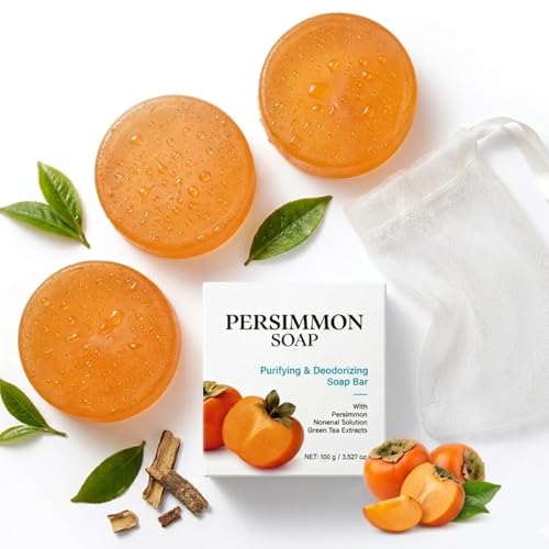 Image of Persimmon Soap Bar for Body Odour Control, Natural Persimmon Soap for Nonenal and Age-Related Smell, pH 5.5 Anti-odour Cleanser with Green Tea & Shea Butter, Includes Foaming Nets 100g*3