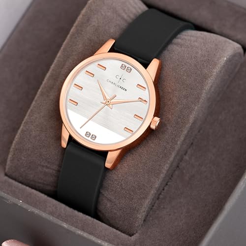 Image of CHARLIEKEEN Women's Elegant Watch with Rose Gold Case, Silicone Band, Crystal Accents, Analog Display