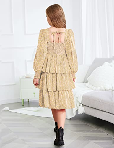 Arshiner Girls Long-Sleeve Tiered Dresses Square Neck Lantern Smocked Ruffle Layered Tie Back Dress2