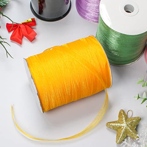 3/8 Inch Golden Organza Ribbon For Gift Wrapping, 500 Yards Craft Sheer Chiffon Ribbon For Wedding, Gift Wrapping, Holiday Decoration, Bow Making, Wreath, Diy Crafts #TOP2