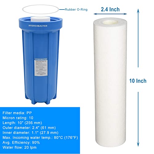 HYDRO MASTER Water Filter with Pressure Relife Button, Includes Housing, Filter Cartridge, Wrench, Bracket and Screw. (1 INCH)