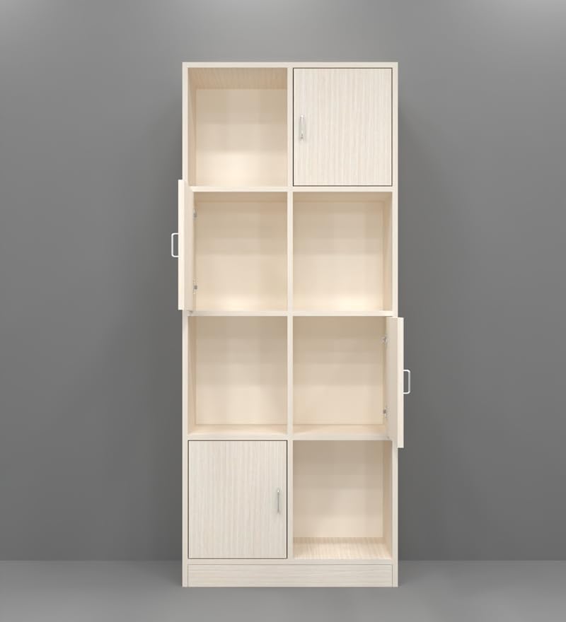 Image of SPECIALITY PANELS 8 Door Bookshelf with 4 Shutters and 4 Open Compartments, Light Wood Finish, 69x29x14 Inch Storage Unit