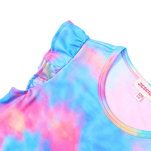 Image of JESKIDS Girls Short Sleeve Shirts Ruffle Tie Front Unicorn /Tie Dye Print Summer Tee Tank Tops 3-11 Years