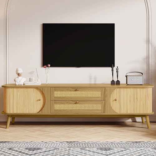 Beuiosda Rattan TV Stand for 80 Inch TVs with 3