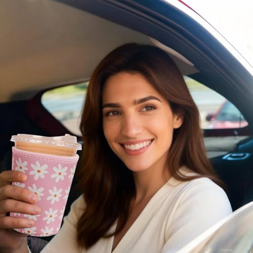 Image of Reusable Insulated Sleeve for Iced Coffee Cup, Coffee Neoprene Sleeve for Cold & Hot Drinks, Beverage Holder for Iced Coffee (Pink Daisies, Small: 16-18oz)