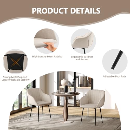 Goeurvant Polyester Dining Chairs Set of 4 Armchairs for Living Room with Metal Legs Kitchen Chairs, Beige - Image 6