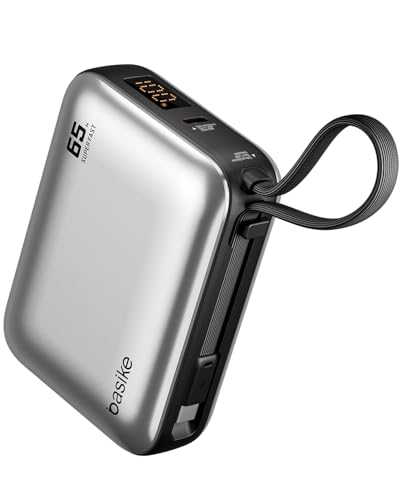 Basike Power Bank 65W, Carregador Portátil Universal 20000mAh, USB-C + Cabo Type-C Integrado e Removível, Carregamento Rápido PD/PPS para Samsung Séries S25-S21 e iPhone Séries 17-14 – Prata