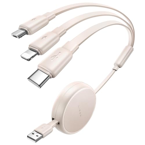 Image of LISEN Multi Charging Cable, 3 in 1 Retractable Charging Cable, Retractable Car Charger with Type C /L /Micro USB Ports for iPhone 17 16 15 14 Pro /Samsung Galaxy S25 /Kindle, Car Accessories, Off-White