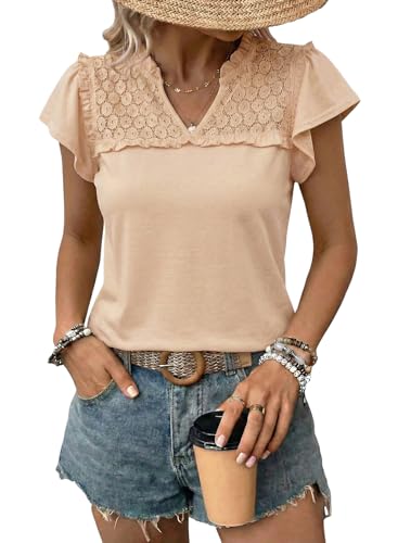 Dokotoo Womens Dressy Ruffle Tops Summer Sexy V Neck Work Blouse Casual Pleated Short Sleeve Shirts Flowy Eyelet Lace Tops Spring Outifits Apricot X-Large