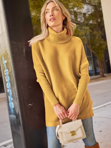 Image of LILLUSORY Women's Turtleneck Oversized Sweaters Long Batwing Sleeve Spilt Hem Tunic Pullover Knit Tops