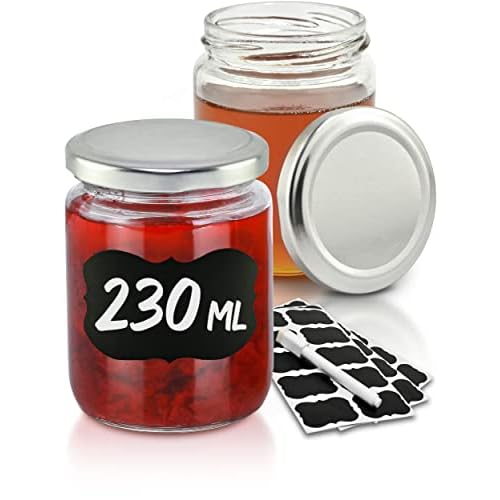 Praknu 25 Marmeladengläser 230 ml mit Deckel, Etiketten - Luftdichte Einmachgläser zum Einkochen & Konservieren