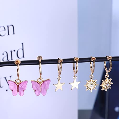 11 Pairs Gold Clip On Earrings For Women Clip On Hoop Earrings Fake Earrings Evil Eye Dangle Hoop Earrings Butterfly Moon Star Heart Earrings Drop Clip-On Earrings Set A #TOP6