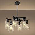 6-Light Black Modern Farmhouse Chandelier for Dining Room Ceiling Light Fixture with Clear Glass Shades, Adjustable Hanging Industrial Pendant Lighting for Living Room Kitchen Island Bedroom Entryway