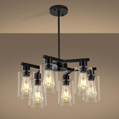 6-Light Black Modern Farmhouse Chandelier for Dining Room Ceiling Light Fixture with Clear Glass Shades, Adjustable Hanging Industrial Pendant Lighting for Living Room Kitchen Island Bedroom Entryway