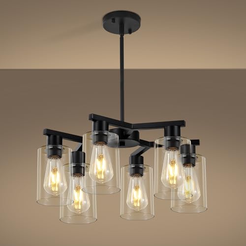 6-Light Black Modern Farmhouse Chandelier for Dining Room Ceiling Light Fixture with Clear Glass Shades, Adjustable Hanging Industrial Pendant Lighting for Living Room Kitchen Island Bedroom Entryway