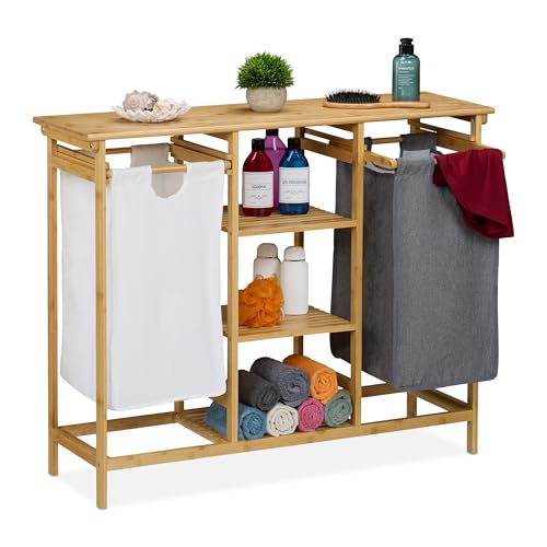 Relaxdays Cesto Ropa Sucia con 4 Estantes, 2 Sacos Extraíbles Colada, 80x100x32 cm, Estantería Baño Bambú, Multicolor