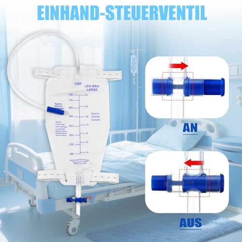 5 Stück 750ml Urinbeutel Beinbeutel mit 45cm Schlauch, Urinbeutel mit Anti Reflux Ventil und Ablass (750, 5)