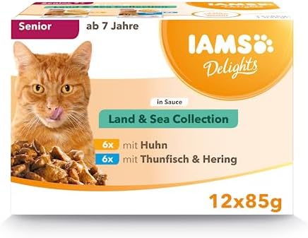 IAMS Delights Land & Sea Collection Mokra karma w sosie - dla starszych kotów o różnych smakach mięsnych i rybnych, 12 x 85g