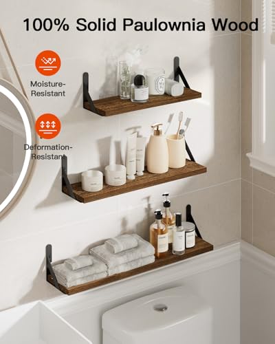 Image of AMADA HOMEFURNISHING Long Wall Shelves, Rustic Farmhouse Style, Wood Floating Shelves for Wall Decor, Bathroom & Bedroom Storage, Living Room Book Shelves, Brown - 6pcs