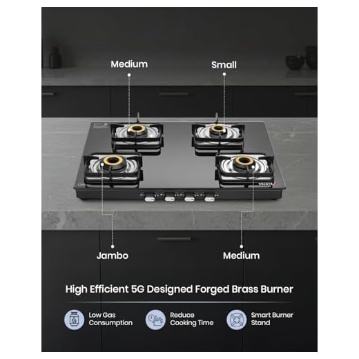 Sujata Gas Stove 4 Burner | Classic Gas Stove Manual Ignition | 9 Years Warranty | Gas Stove 4 Burners Glass top | SABAF, ISI Certified, LPG & PNG Compatible, Jumbo Brass Burner (Black Colour)