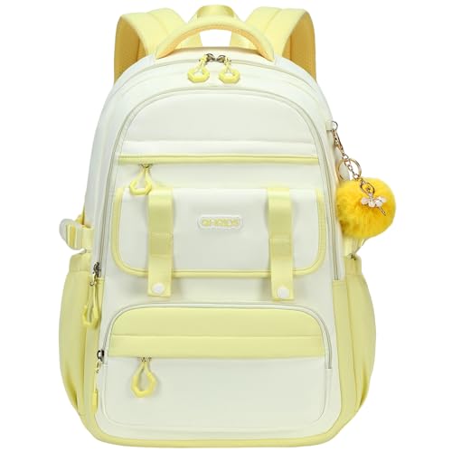 QHRIDS School Backpack for Girls Laptop Backpack 15.6 Inch Kids Elementary Middle High School Bag Anti Theft Cute College Bookbags for Teens Girls Women Students Casual Travel Daypack Yellow Beige