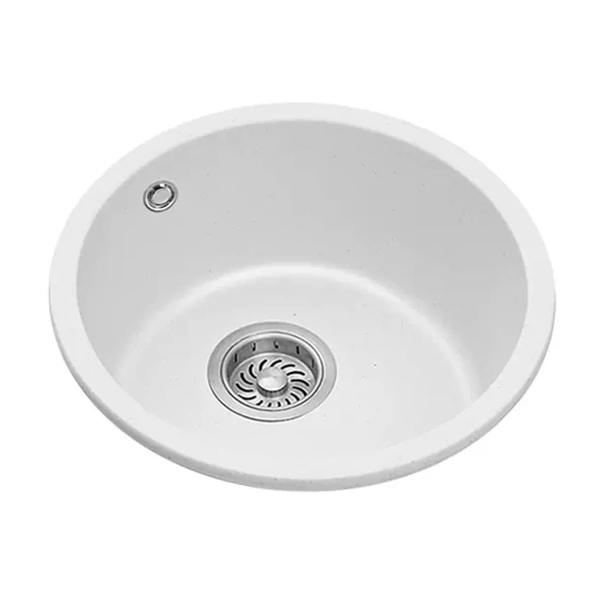 Okrągły zlewozmywak z białego kwarcu, wpuszczany umywalka o średnicy 35 cm, w stylu granitowym, do kuchni i barów z nowoczesnymi blatami roboczymi.